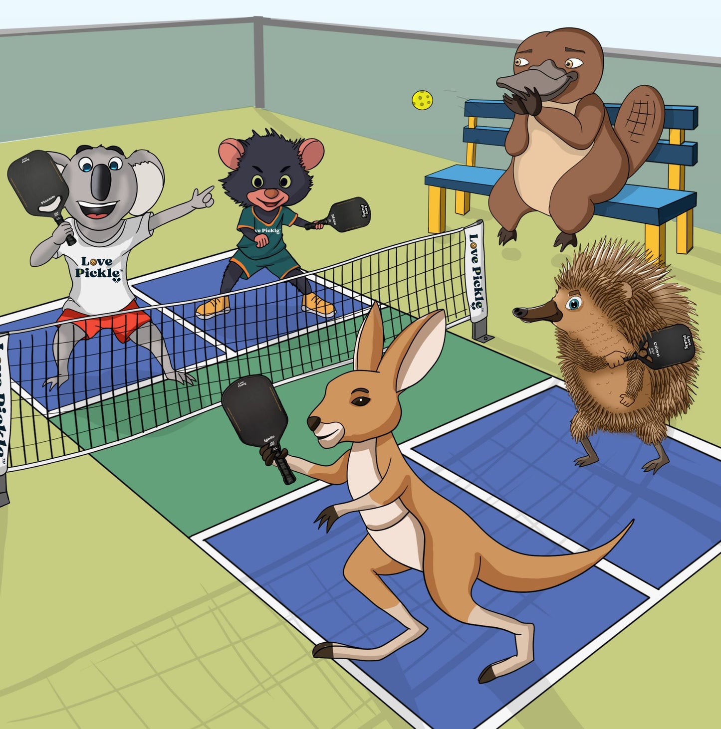 a group of stuffed animals on a court