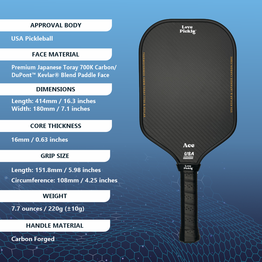 Love Pickle Ace pickleball paddle and its dimensions