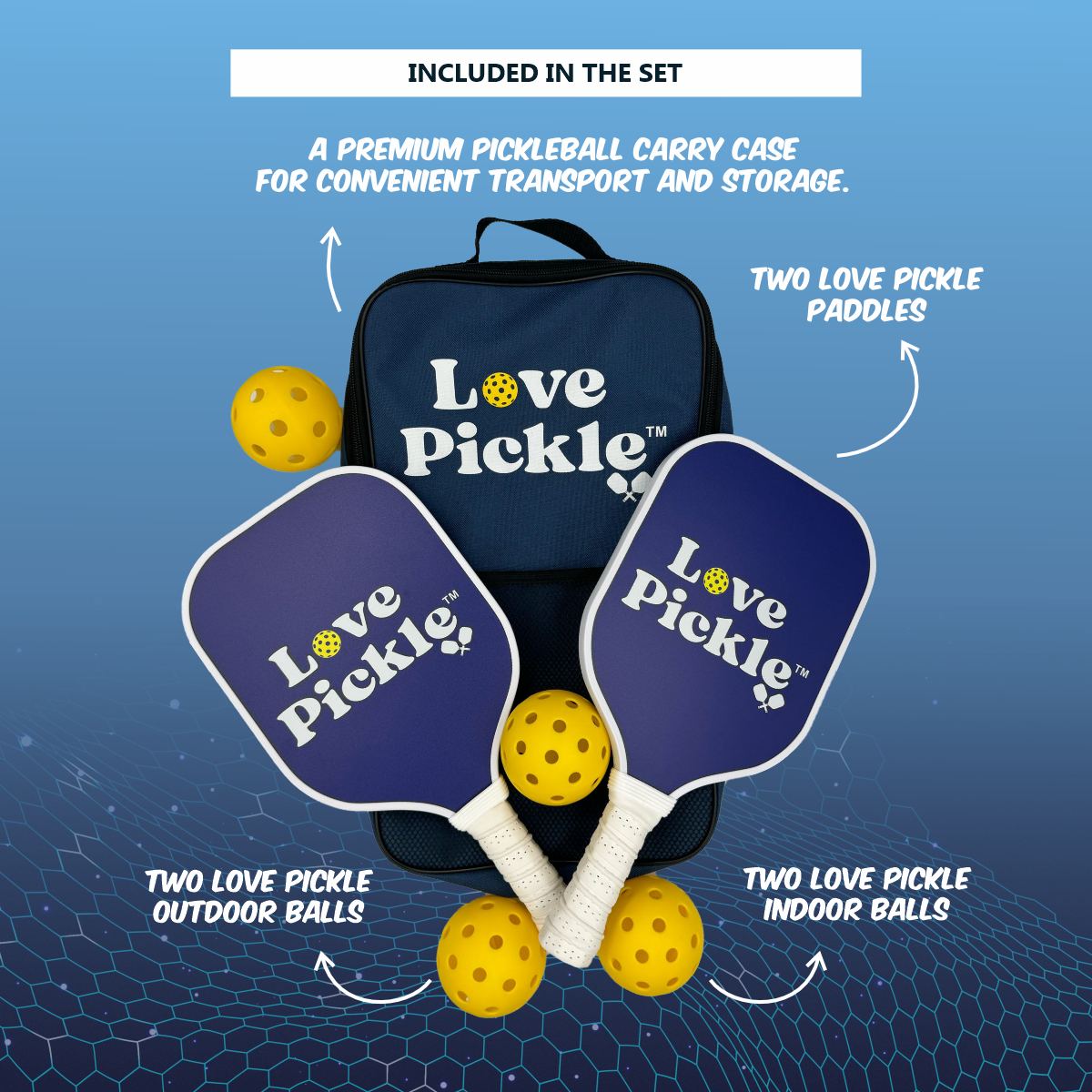 Love Pickle Adult Pickleball Complete Set with paddles set of 2, 4 balls and carry case