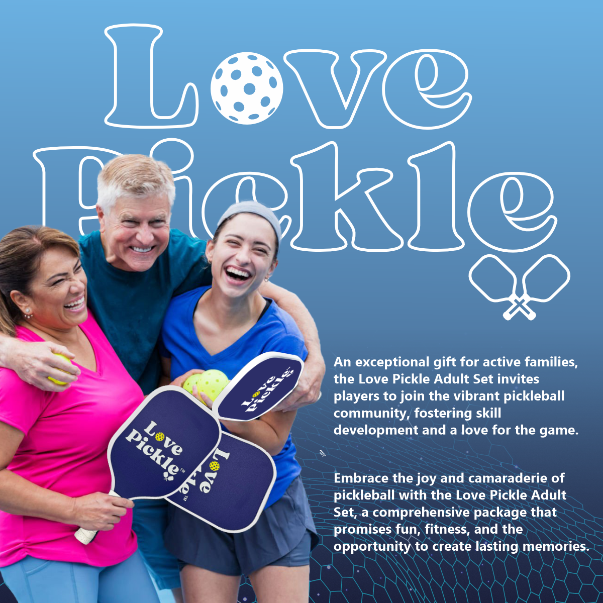 Love Pickle Adult Pickleball Paddles and balls with a happy family holding them