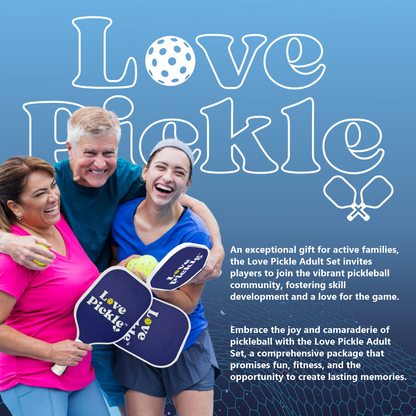Love Pickle Adult Pickleball Paddles and balls with a happy family holding them