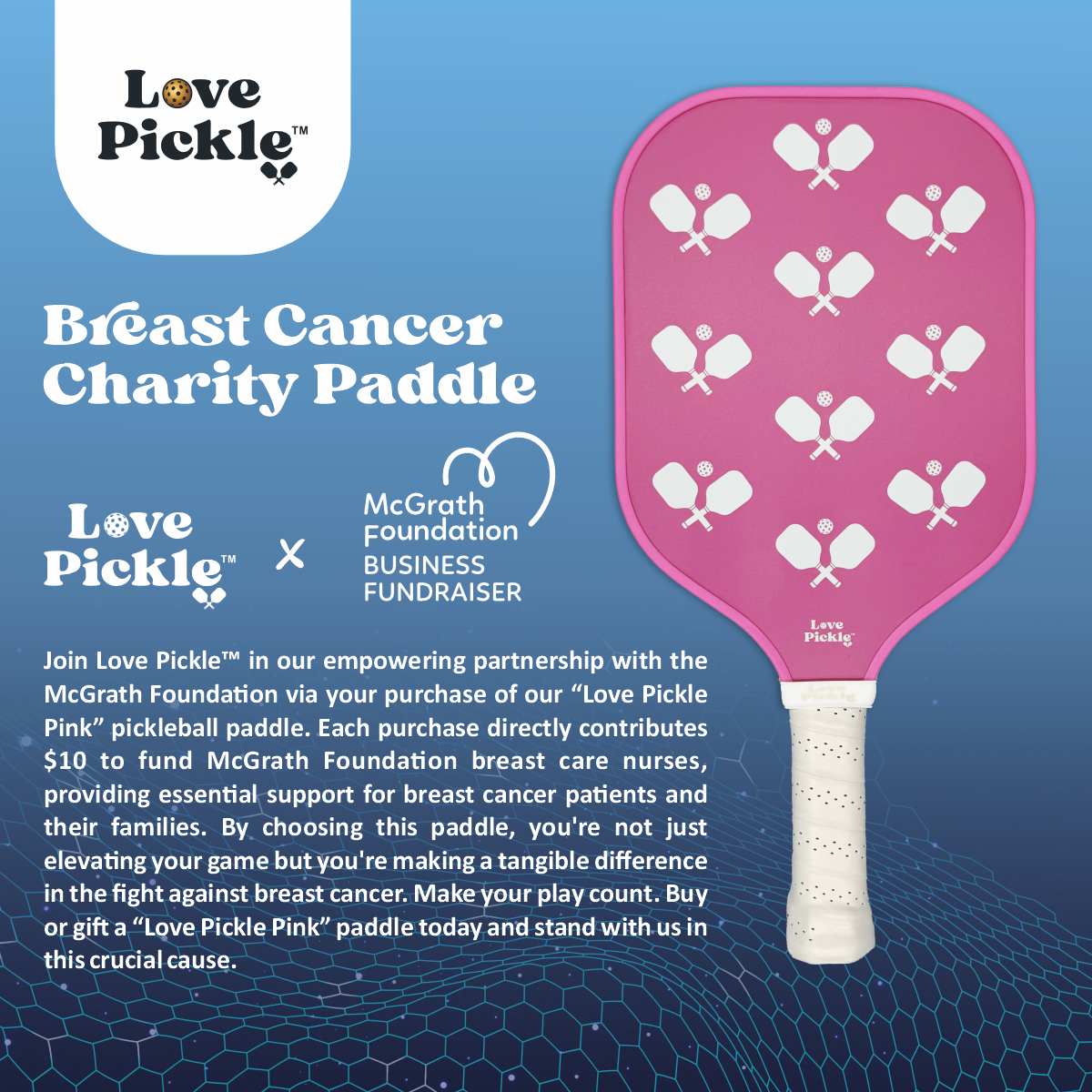 Love Pickle X McGrath Foundation Breast Cancer Pink Charity Paddle with description