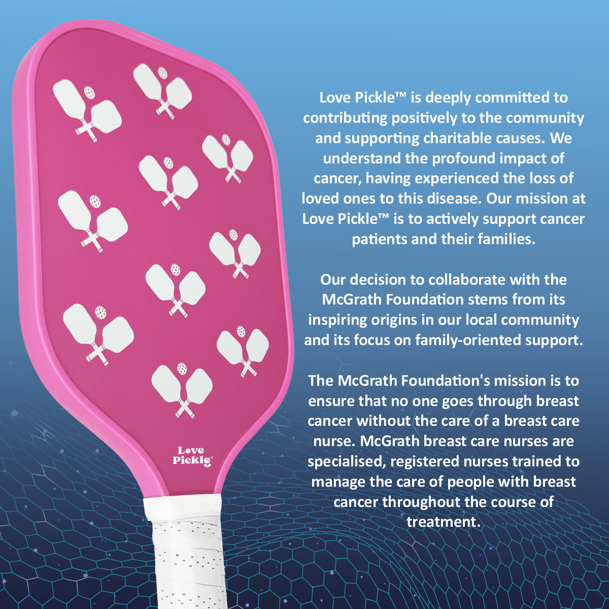 Love Pickle X McGrath Foundation Breast Cancer Pink Charity Paddle  with description