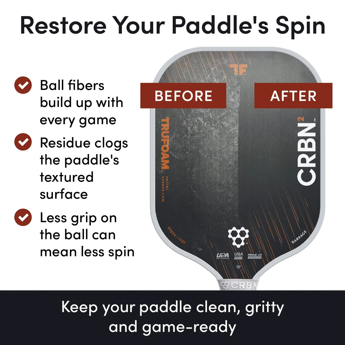 CRBN Pickleball Paddle Eraser, cleaning a paddle face