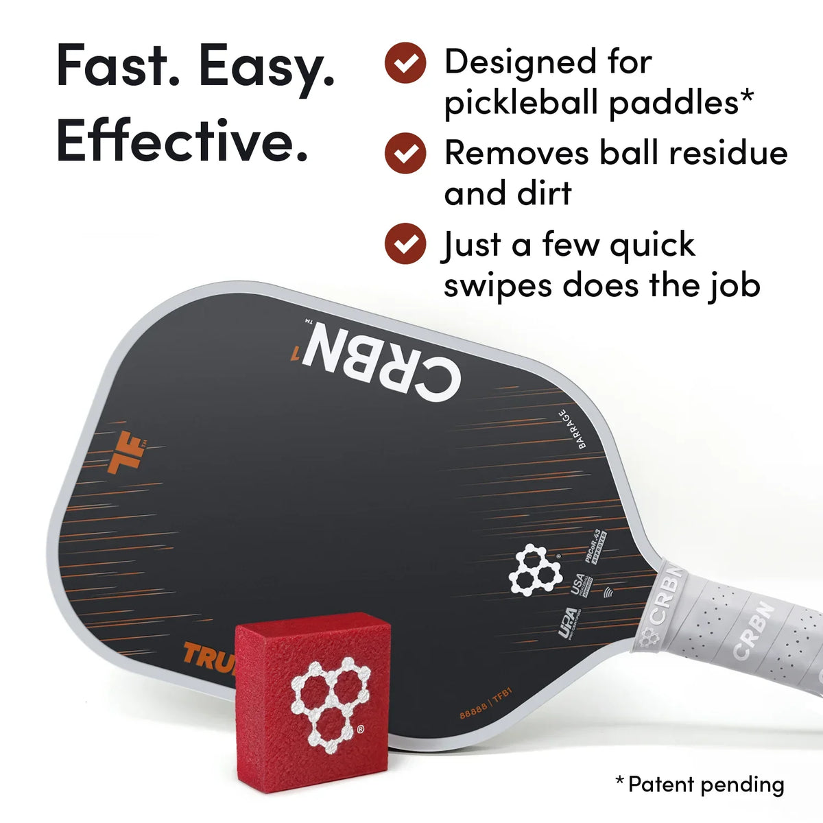 CRBN Pickleball Paddle Eraser, cleaning a paddle face
