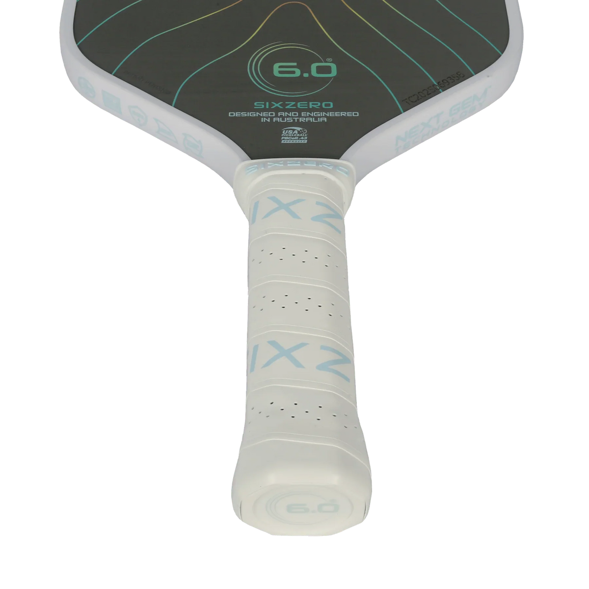Six Zero Boulder Opal 14mm Pickleball Paddle (White), handle detail